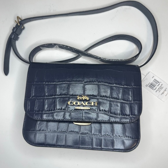 COACH Brynn Crossbody Crocodile Embossed Flap Leather Bag Blue - Picture 2 of 15